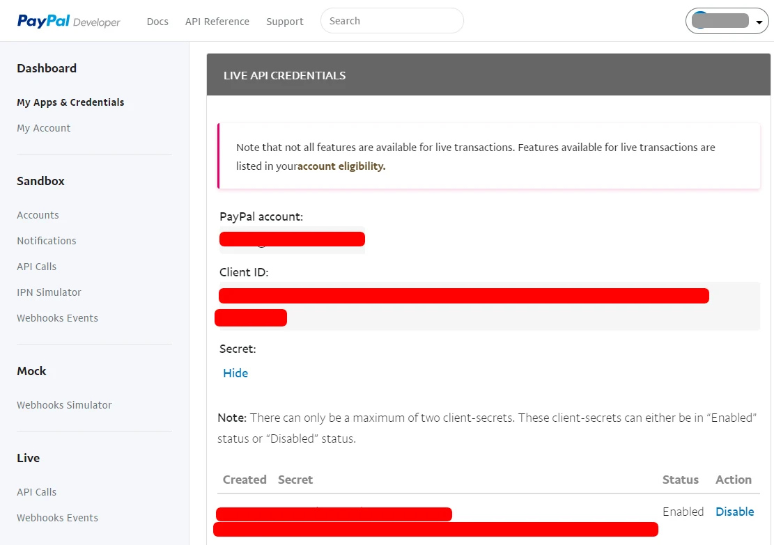 PayPal application credentials
